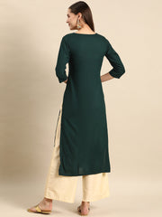 Women Green Embroidered Yoke Desgin Straight Kurta