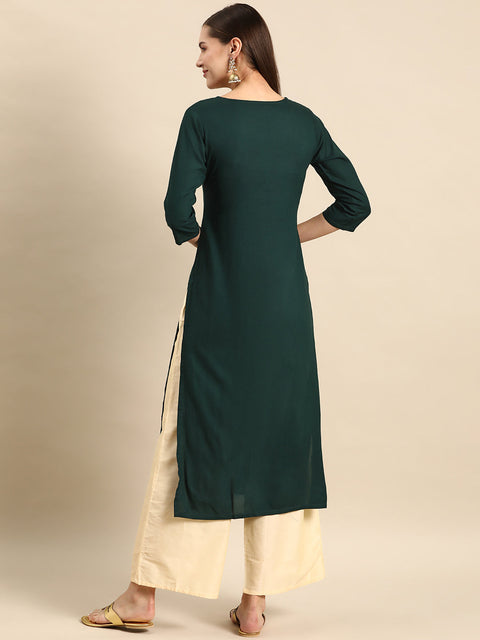 Women Green Embroidered Yoke Desgin Straight Kurta