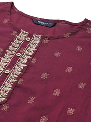 Women Burgundy Embroidered Yoke Desgin Straight Kurta
