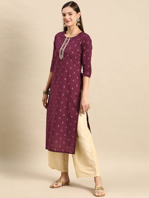 Women Burgundy Embroidered Yoke Desgin Straight Kurta