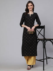 Women Black Embroidered Neckline Straight Kurta