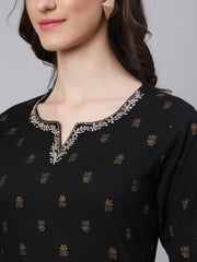Women Black Embroidered Neckline Straight Kurta