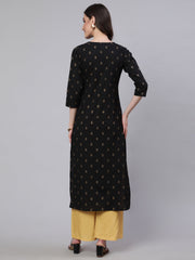 Women Black Embroidered Neckline Straight Kurta