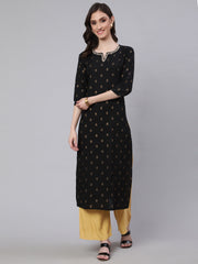 Women Black Embroidered Neckline Straight Kurta