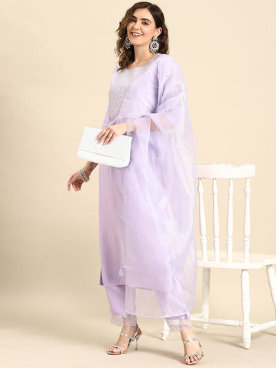 Women Lavender Embroidered Straight Kurta With Palazzo & Dupatta