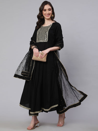 Women Black Embroidered Flared Kurta With Trouser And Net Dupatta
