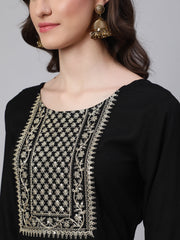 Women Black Embroidered Flared Kurta With Trouser And Net Dupatta