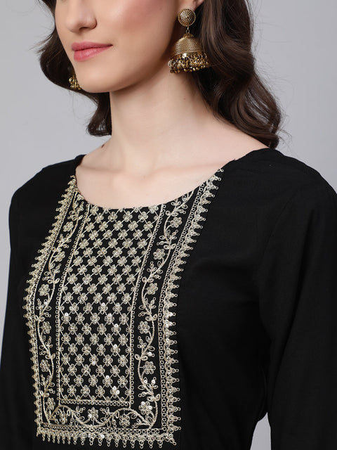 Women Black Embroidered Flared Kurta With Trouser And Net Dupatta