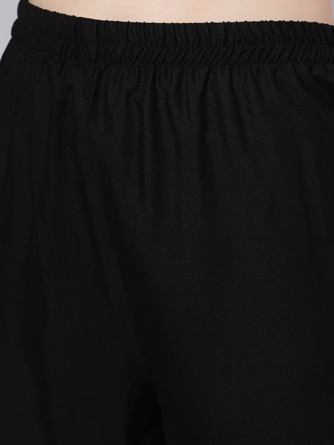 Women Black Embroidered Flared Kurta With Trouser And Net Dupatta