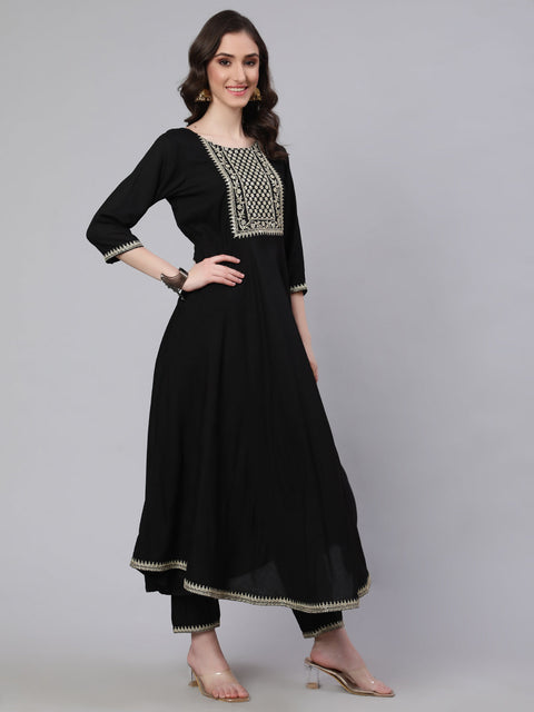 Women Black Embroidered Flared Kurta With Trouser And Net Dupatta