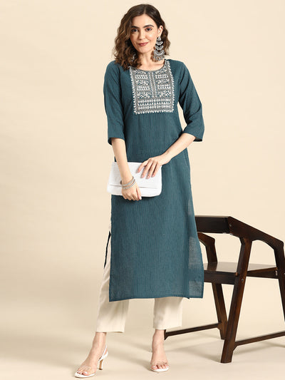 Women Teal Blue Embroidered Yoke Desgin Straight Kurta