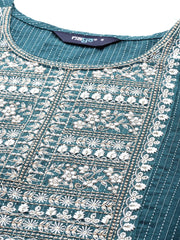 Women Teal Blue Embroidered Yoke Desgin Straight Kurta