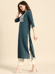 Women Teal Blue Embroidered Yoke Desgin Straight Kurta