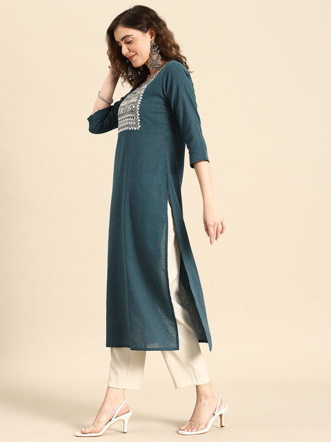 Women Teal Blue Embroidered Yoke Desgin Straight Kurta