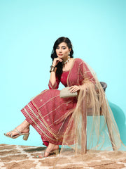 Women Maroon Floral Printed Regular Gotta Patti Pure Cotton Kurta with Trousers & With Dupatta