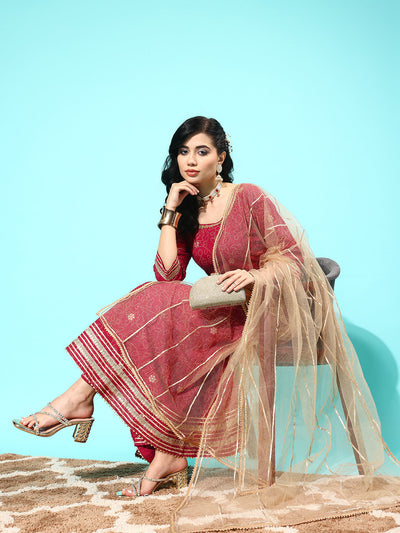 Women Maroon Floral Printed Regular Gotta Patti Pure Cotton Kurta with Trousers & With Dupatta
