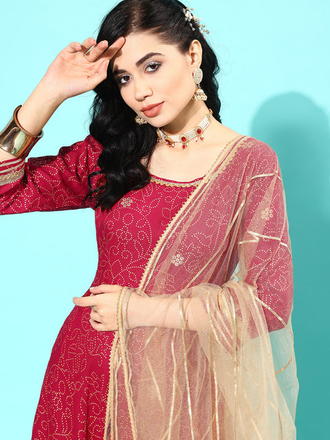 Women Maroon Floral Printed Regular Gotta Patti Pure Cotton Kurta with Trousers & With Dupatta