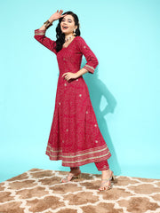 Women Maroon Floral Printed Regular Gotta Patti Pure Cotton Kurta with Trousers & With Dupatta