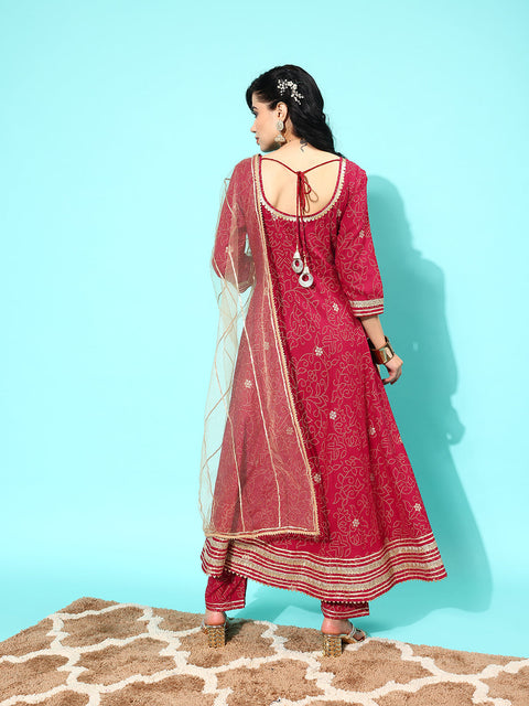 Women Maroon Floral Printed Regular Gotta Patti Pure Cotton Kurta with Trousers & With Dupatta