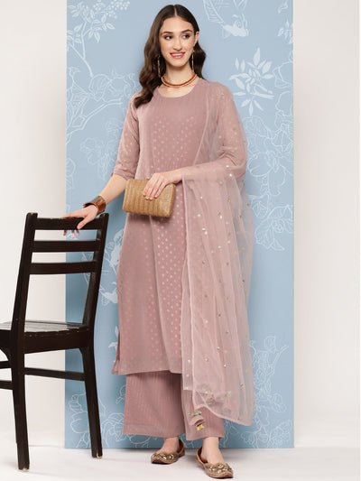 Women Mauve Foil Printed Straight Kurta With Palazzo And Net Dupatta