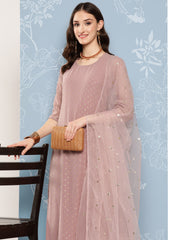 Women Mauve Foil Printed Straight Kurta With Palazzo And Net Dupatta