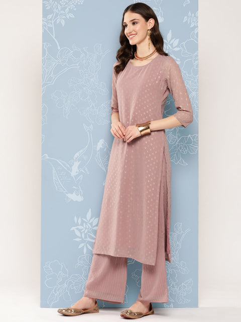 Women Mauve Foil Printed Straight Kurta With Palazzo And Net Dupatta