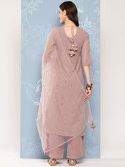 Women Mauve Foil Printed Straight Kurta With Palazzo And Net Dupatta