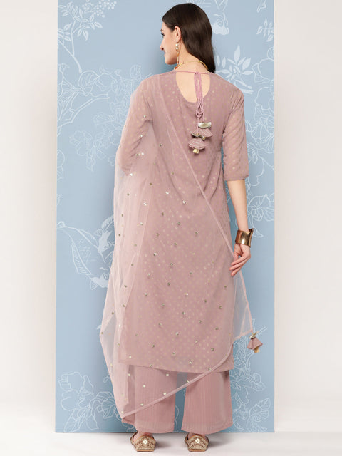 Women Mauve Foil Printed Straight Kurta With Palazzo And Net Dupatta