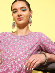 Women Purple Ethnic Printed Straight Kurta With Three Quarter Sleeves