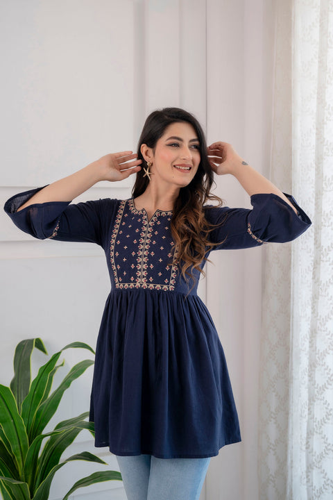 Women Navy Blue Embroidered Peplum Tunic