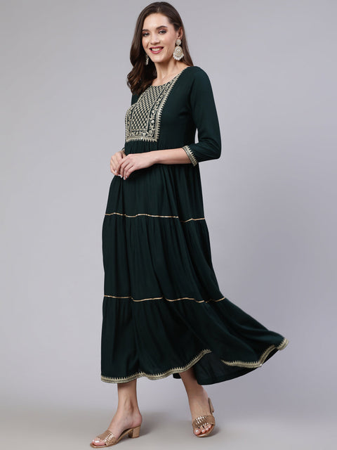 Wome Green Embroidered Flared Dress With Net Dupatta