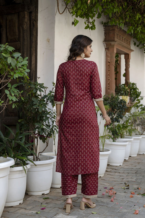 Women Burgundy Embroidered Straight Kurta With Trouser And Net Dupatta
