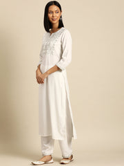 Women White Embroidered Straight Kurta With Palazzo And Net Dupatta