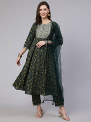 Women Green Embroidered Flared Kurta With Trouser And Dupatta