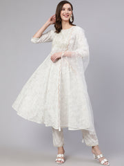 Women White Embroidered Flared Kurta With Trouser And Dupatta