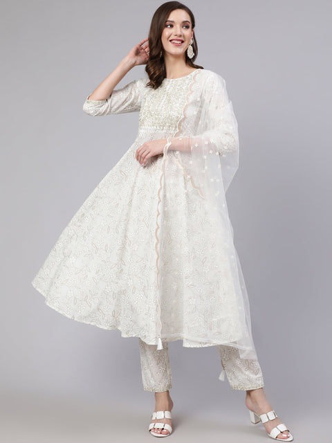 Women White Embroidered Flared Kurta With Trouser And Dupatta