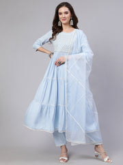 Women Blue Embroidered Flared Kurta With Trouser And Dupatta