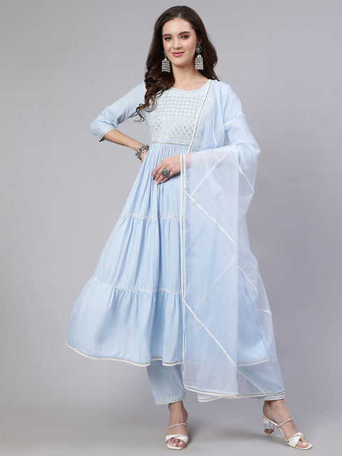Women Blue Embroidered Flared Kurta With Trouser And Dupatta