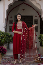 Women Maroon Embroidered Naira cut Kurta With Trouser And Net Dupatta