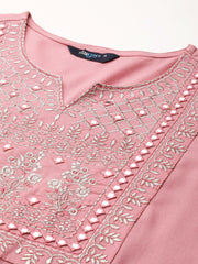 Women Mauve Embroidered Straight Kurta With Palazzo And Net Dupatta