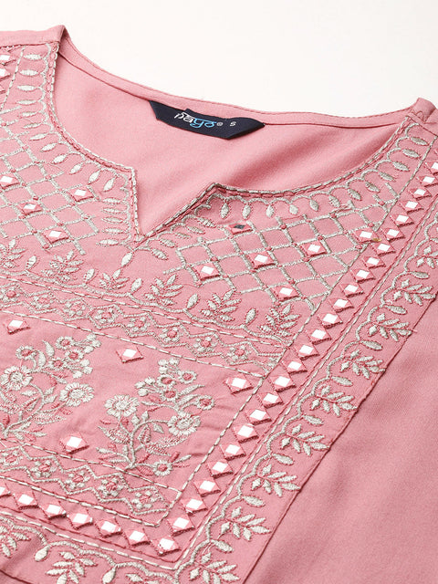 Women Mauve Embroidered Straight Kurta With Palazzo And Net Dupatta