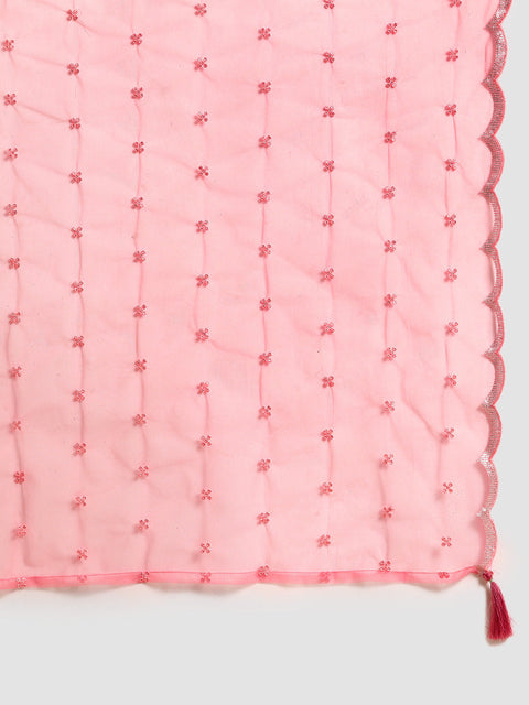 Women Mauve Embroidered Straight Kurta With Palazzo And Net Dupatta