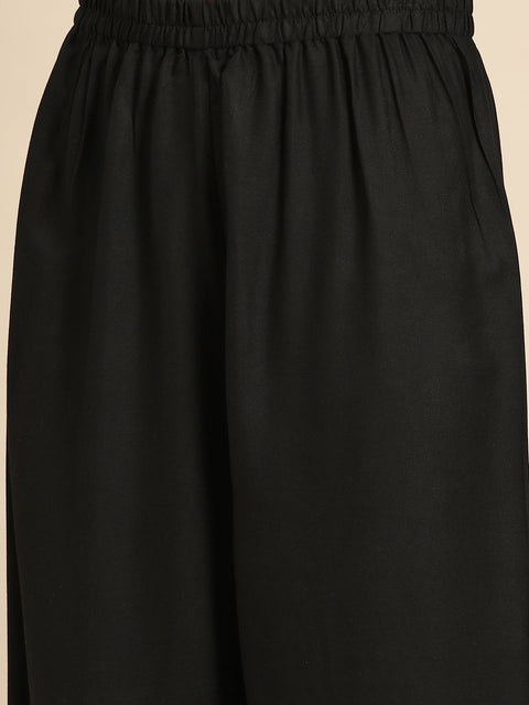 Women Black Embroidered Straight Kurta With Palazzo And Net Dupatta