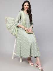 Women Green Embroidered Flared Kurta With Trouser And Dupatta