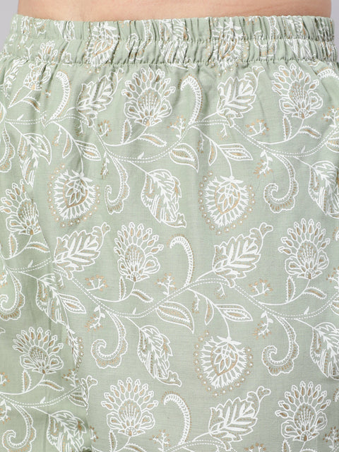 Women Green Embroidered Flared Kurta With Trouser And Dupatta