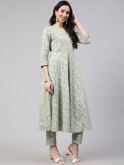 Women Green Embroidered Flared Kurta With Trouser And Dupatta
