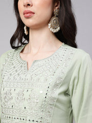 Women Green Embroidered Straight Kurta With Palazzo And Dupatta
