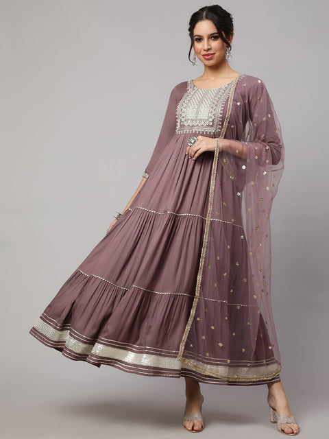 Wome Taupe Embroidered Flared Dress With Net Dupatta