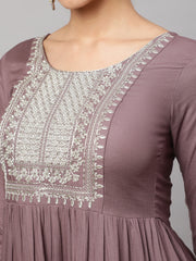 Wome Taupe Embroidered Flared Dress With Net Dupatta