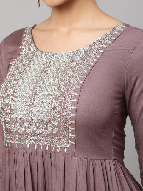 Wome Taupe Embroidered Flared Dress With Net Dupatta